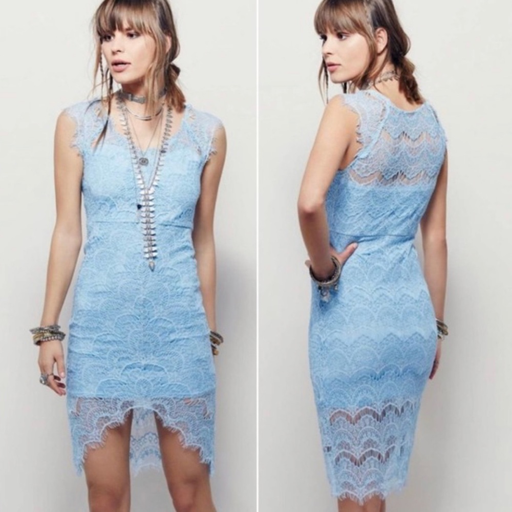Free People NWT Peekaboo Baby Blue Lace Dress Short Sleeve Midi Length LARGE